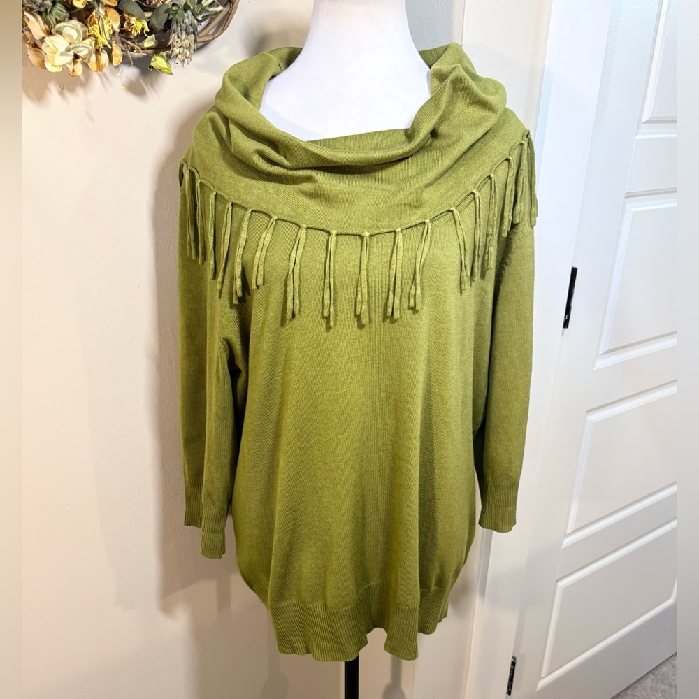 NWOT NOTATIONS Olive Green Fringe Cowl Neck Elbow Sleeve Sweater Womens 1X💚